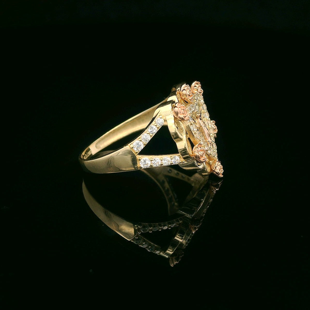 14K Radiating Guadalupe Ring with CZ Inner Heart & Rose Accents