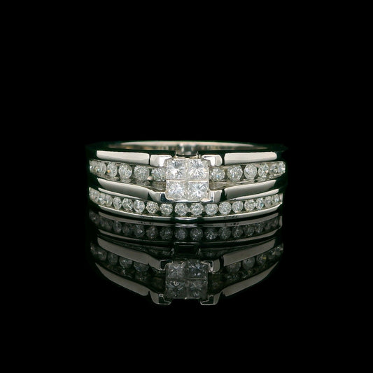 14K White Gold Diamond Ring & Matching Band Set – Illusion Center, 1.0 TCW