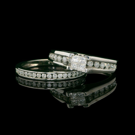 14K White Gold Diamond Ring & Matching Band Set – Illusion Center, 1.0 TCW