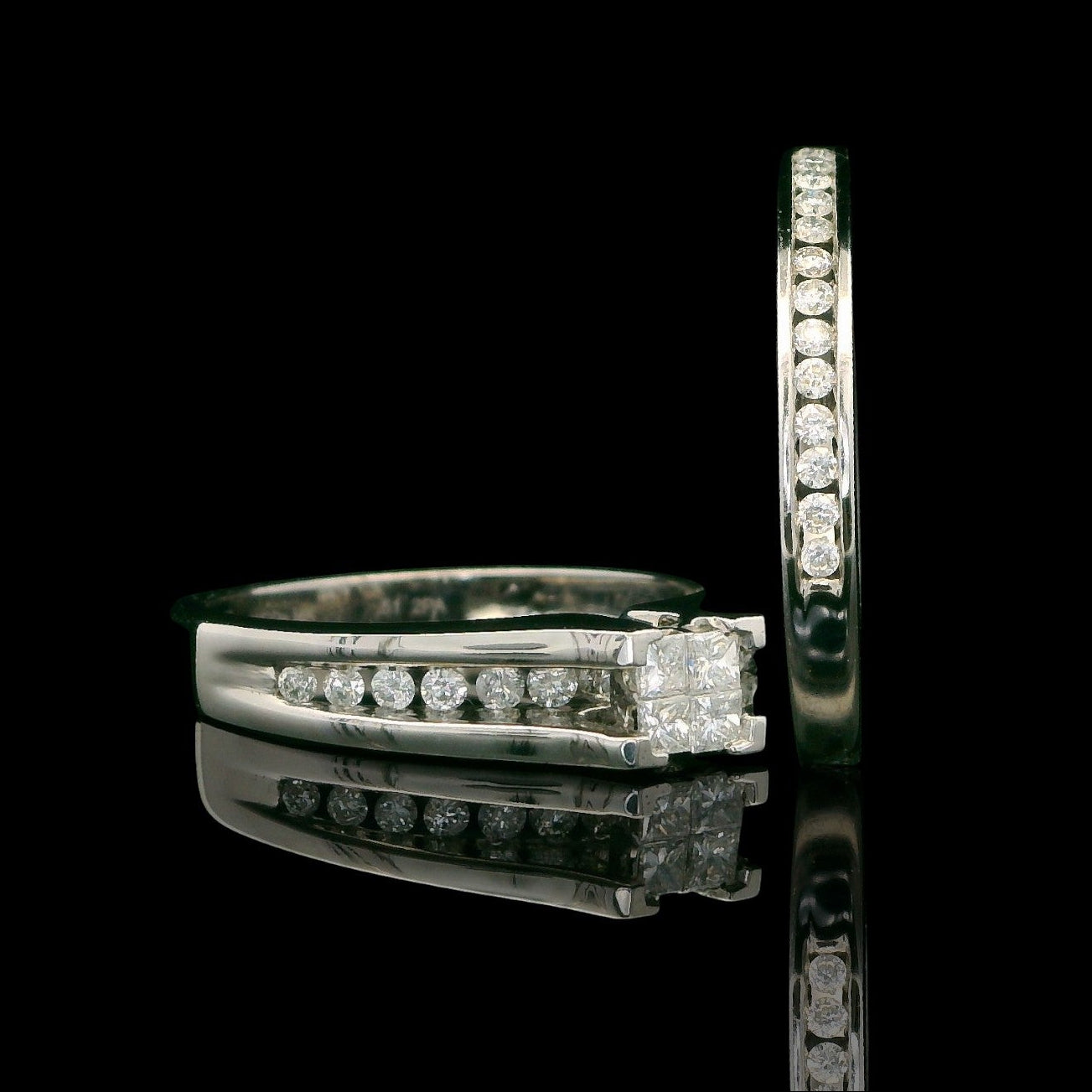 14K White Gold Diamond Ring & Matching Band Set – Illusion Center, 1.0 TCW
