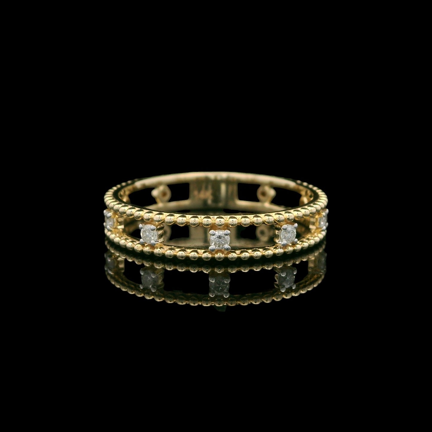 14K Solid Gold Beaded Diamond Band Ring 0.11 TCW