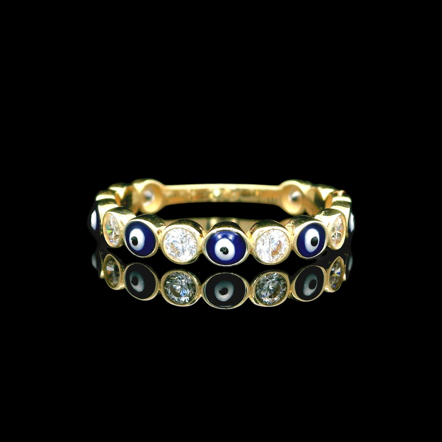 14K Gold Turkish Eye Ring with Sparkly CZ and Enamel- 3mm