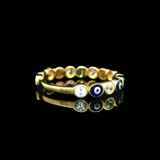 14K Gold Turkish Eye Ring with Sparkly CZ and Enamel- 3mm