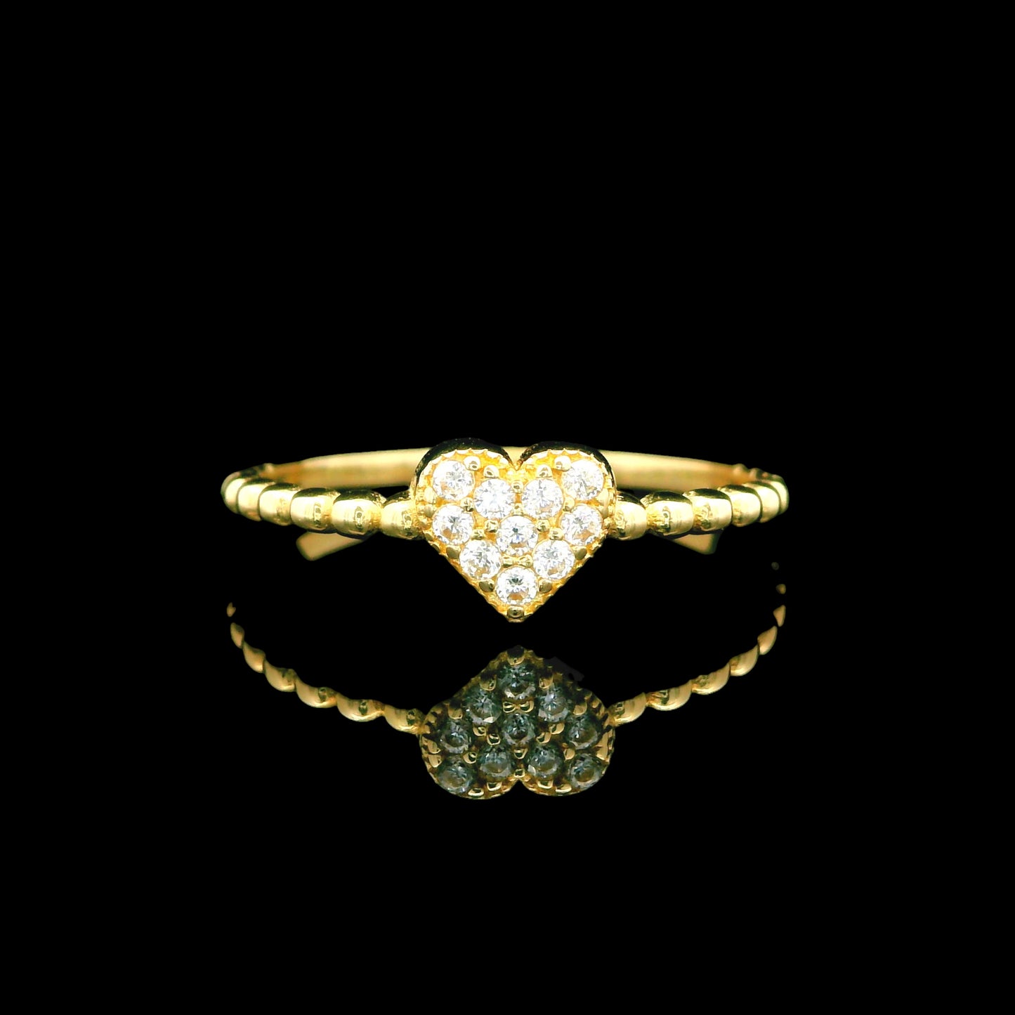 14K Gold CZ Heart Ring with Beaded Band - 5mm