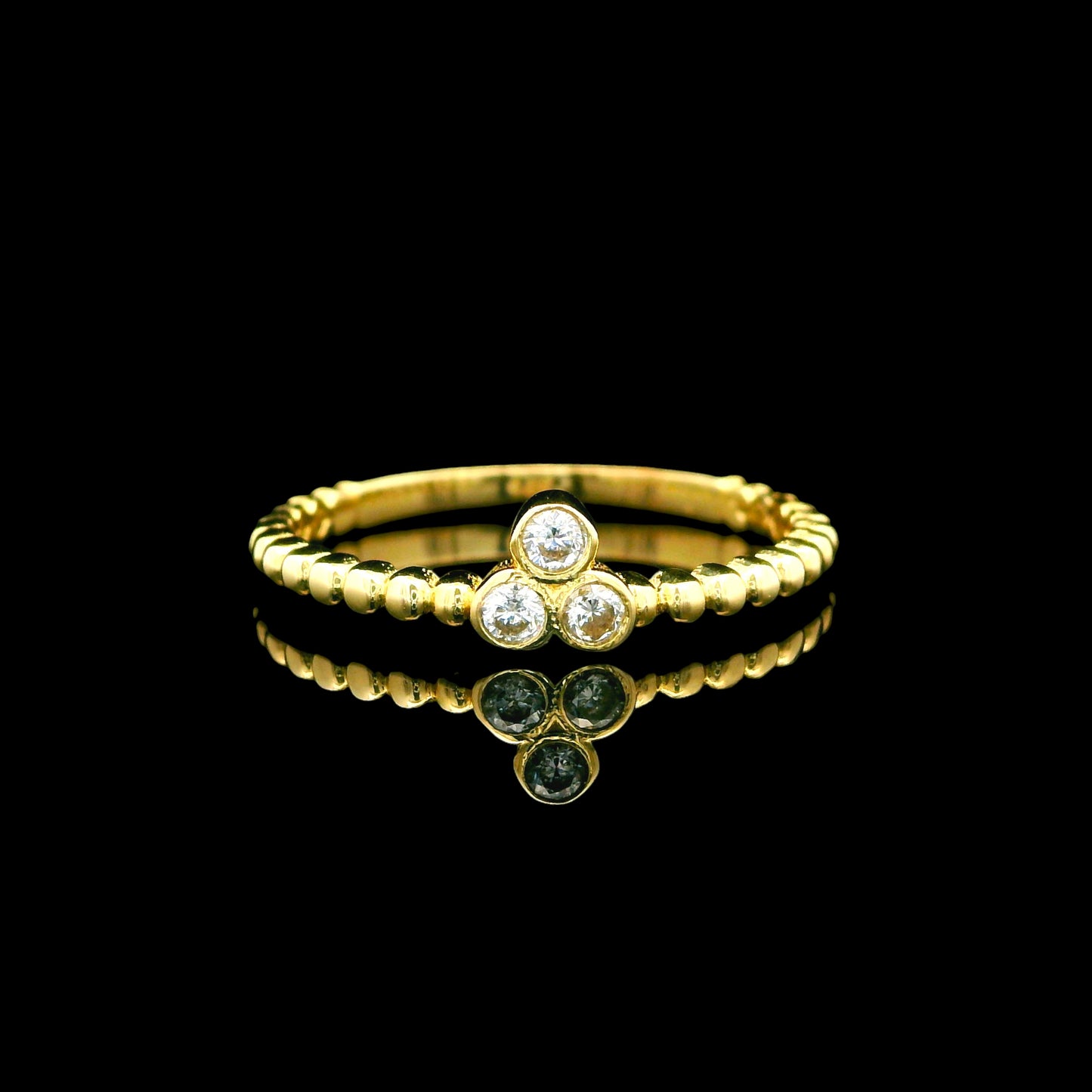 14K Three Stone CZ Gold Beaded Band - 5mm
