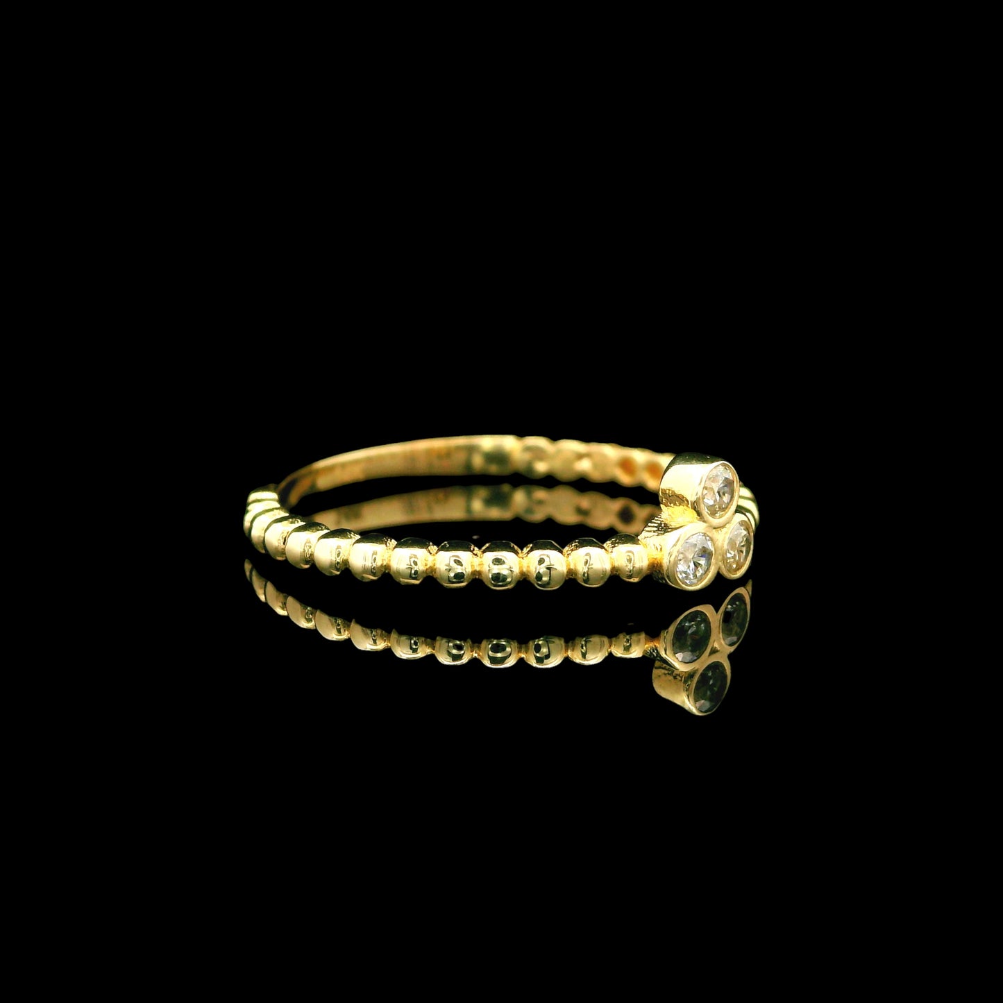 14K Three Stone CZ Gold Beaded Band - 5mm