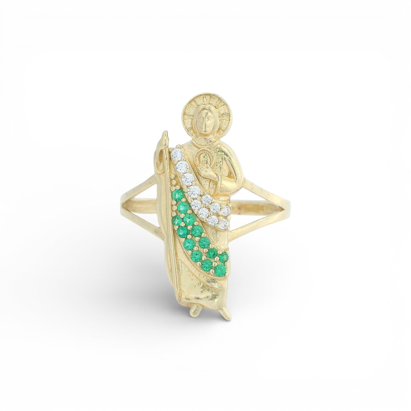 14K St. Jude Ring with Green and White CZ Robe – 24mm Figure (Select Your Size 6-9)