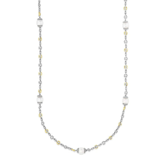 Silver & 18K Gold Cable Link Necklace with Pearls