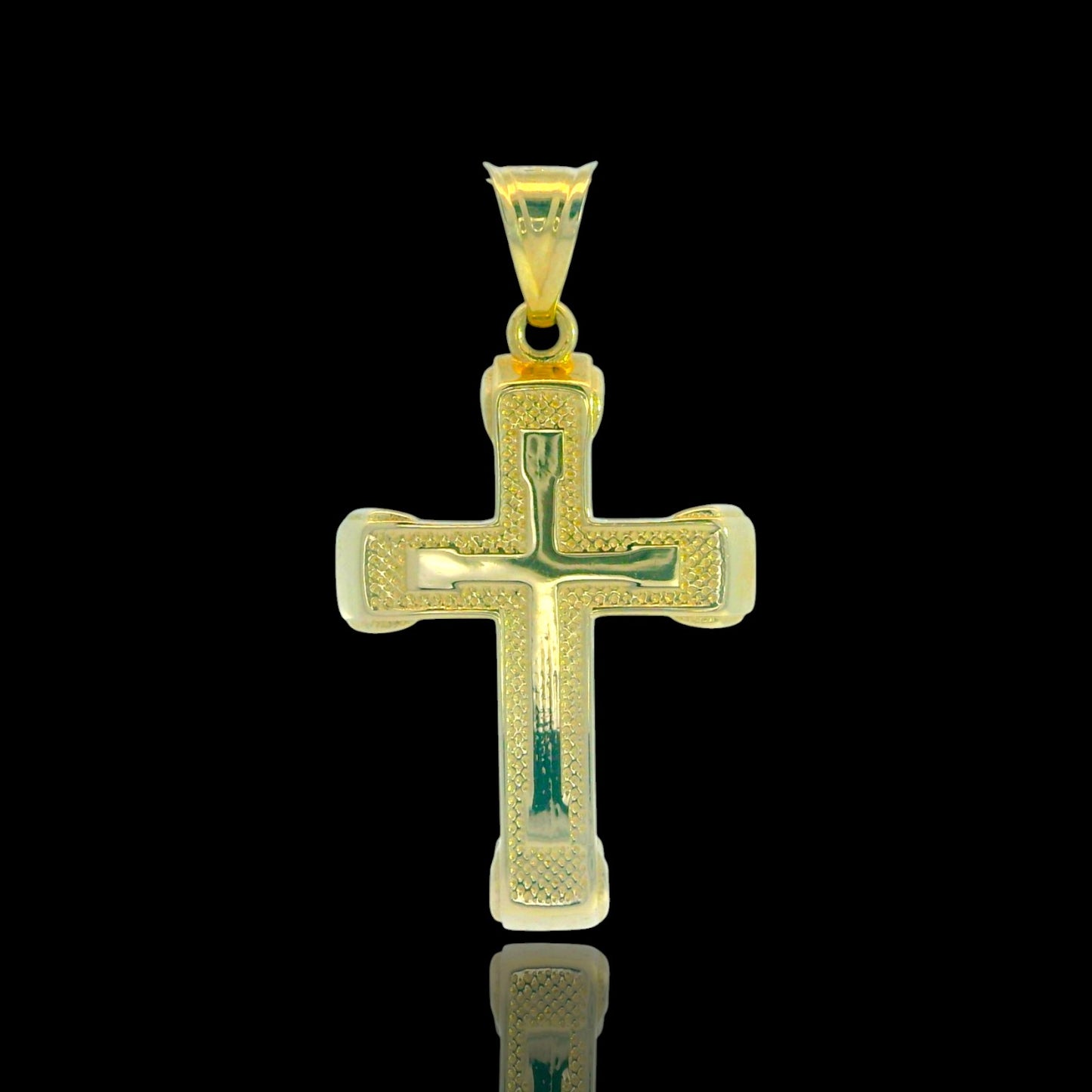 14K Yellow Gold Textured Border Cross Pendant with Accent CZ Row – 24mm