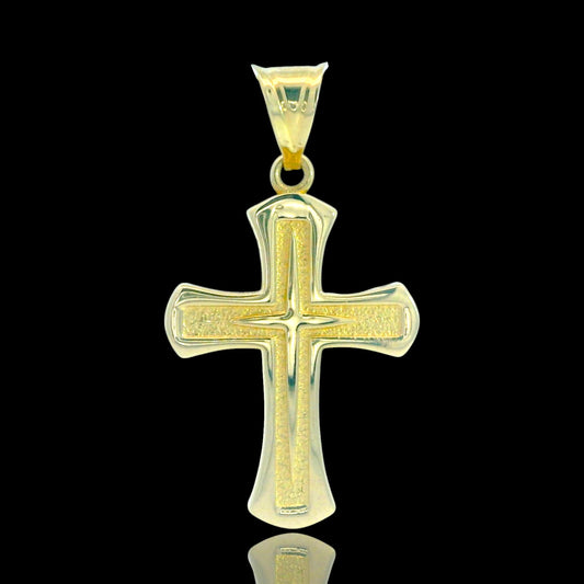 14K Yellow Gold Cross Pendant with Pointed Inner Cross & Side CZ Rail – 24mm