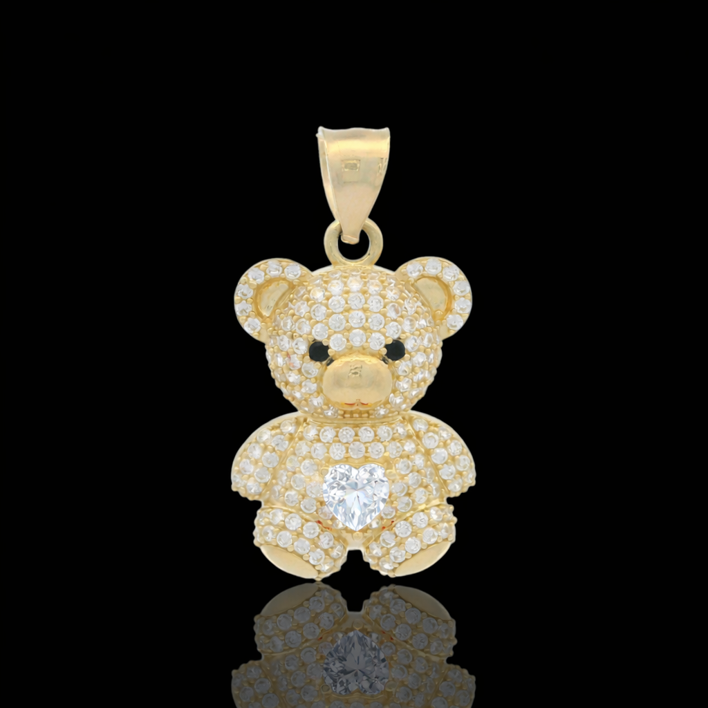 14K Gold Teddy Bear pave Pendant with Colored Heart