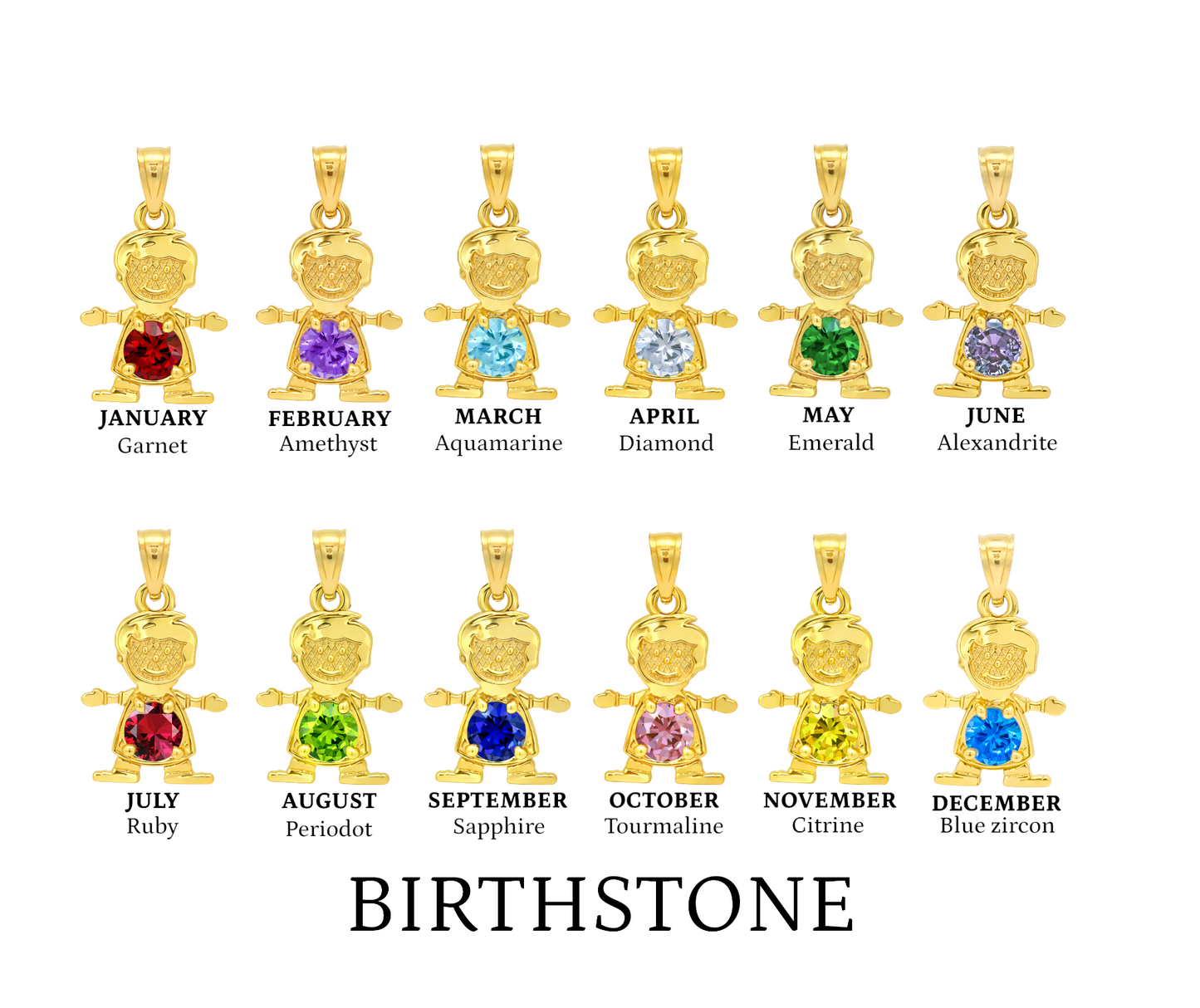 14K Gold Birthstone Boy & Girl Charm Pendants – 17mm CZ Stones by Month