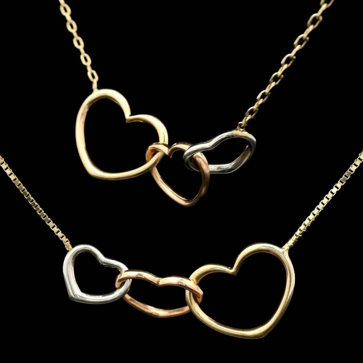 14K Tri-Color Linked Hearts Necklace – 19" (Cable or Box Chain)