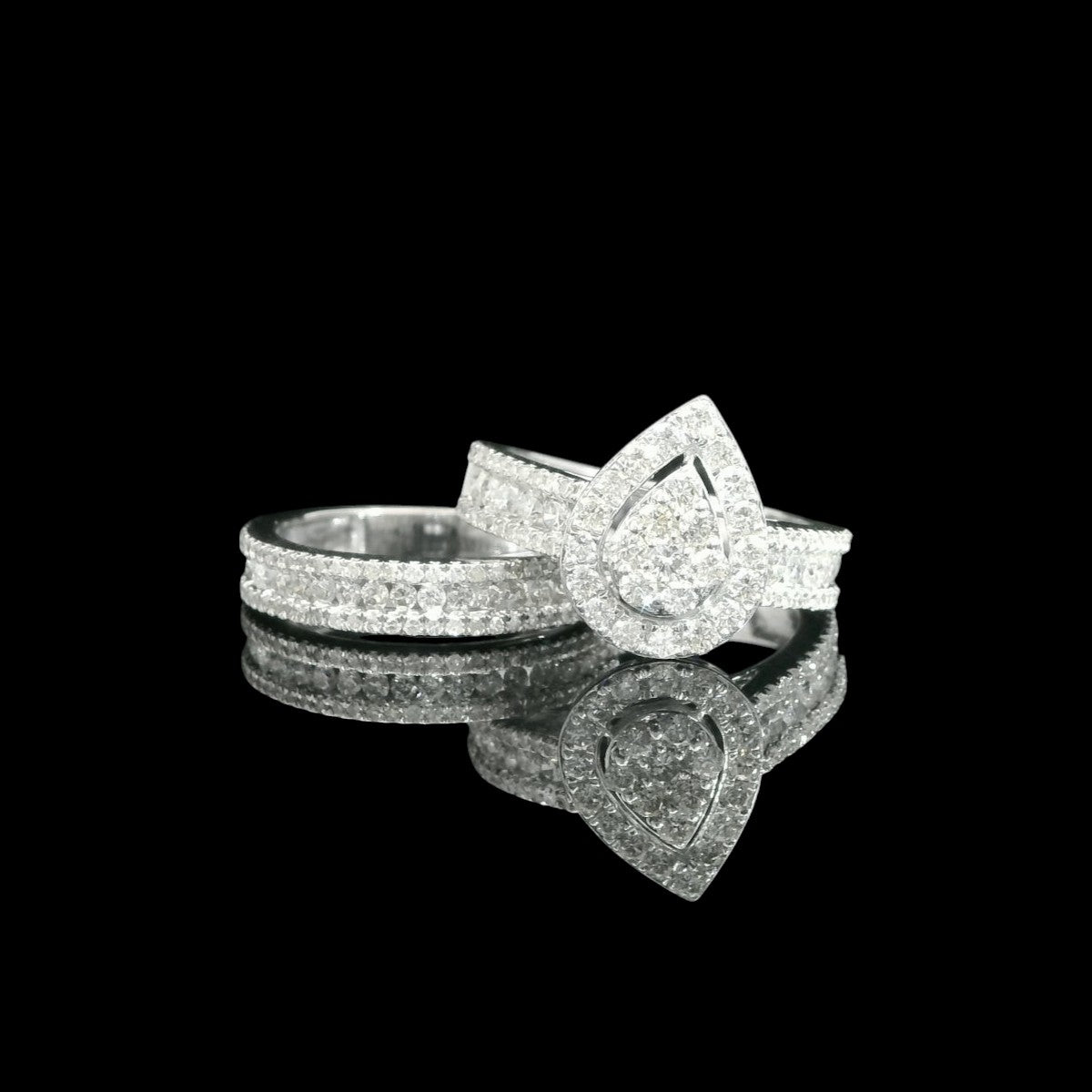 14K White Gold Wedding Band Duo with Pear-Shaped Diamond Cluster