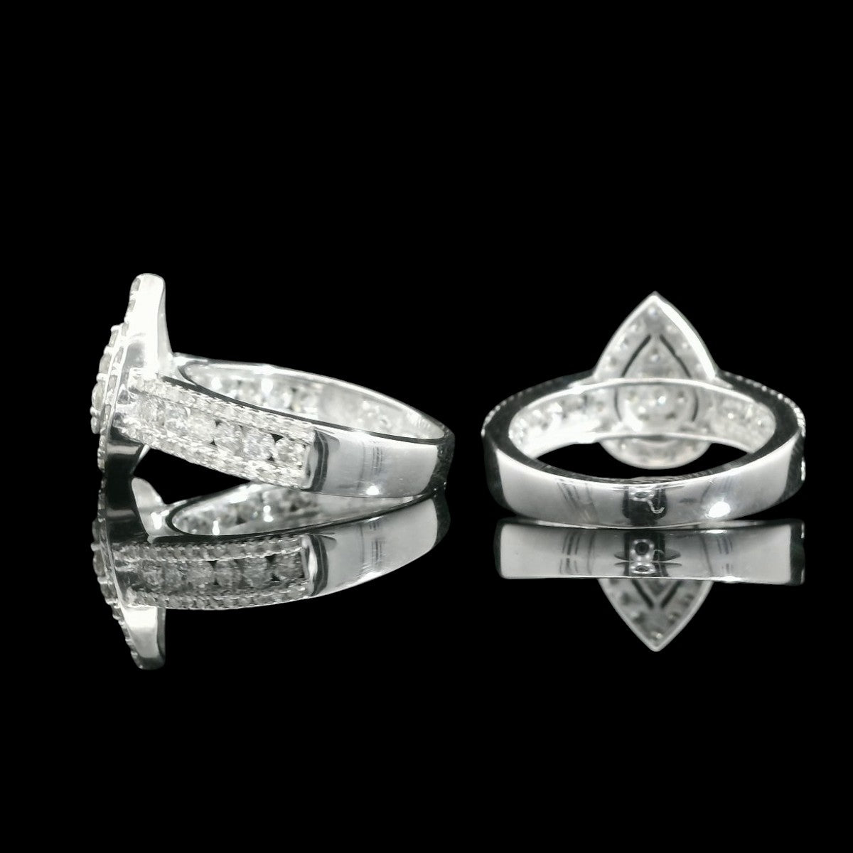 14K White Gold Wedding Band Duo with Pear-Shaped Diamond Cluster