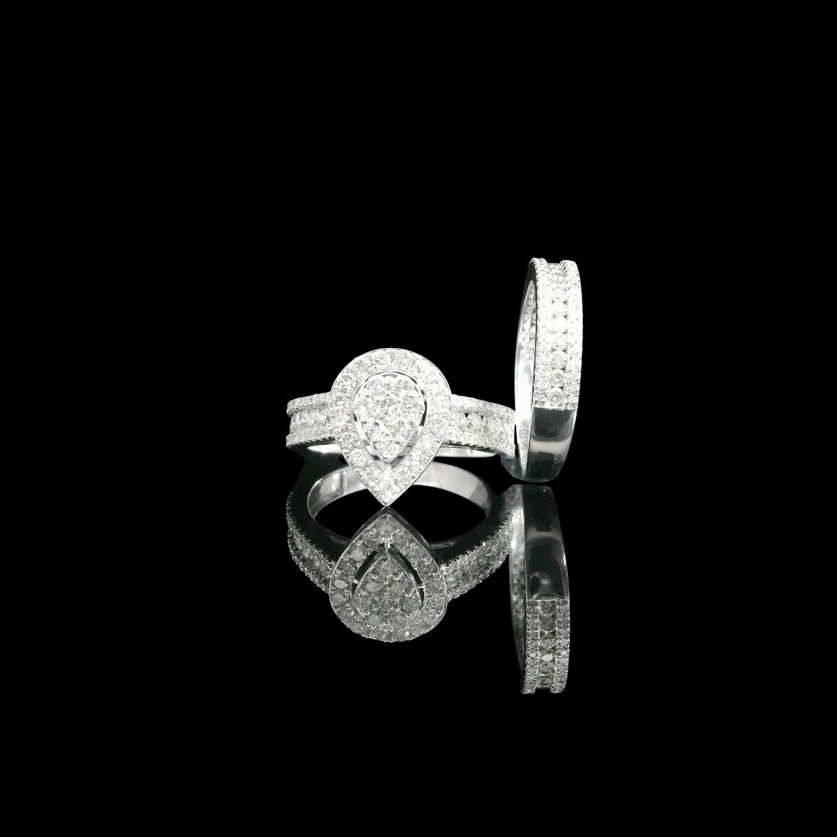 14K White Gold Wedding Band Duo with Pear-Shaped Diamond Cluster