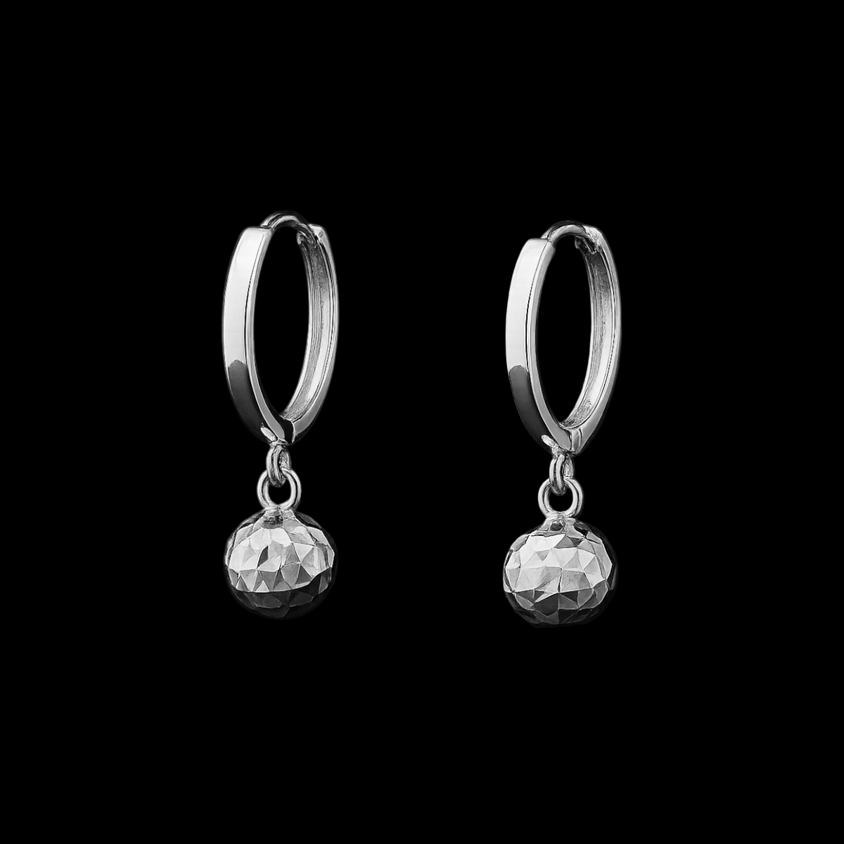 14K White Gold Huggie Hoops with Diamond-Cut Ball Charm