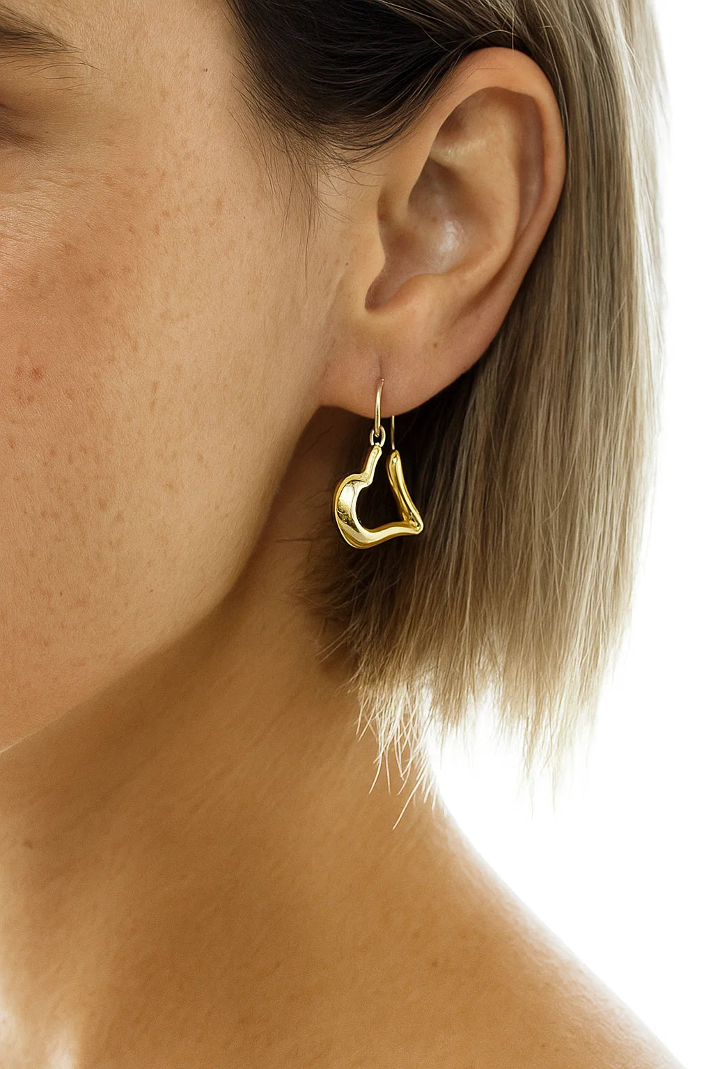 14K Solid Gold Open Heart Puff Hoop