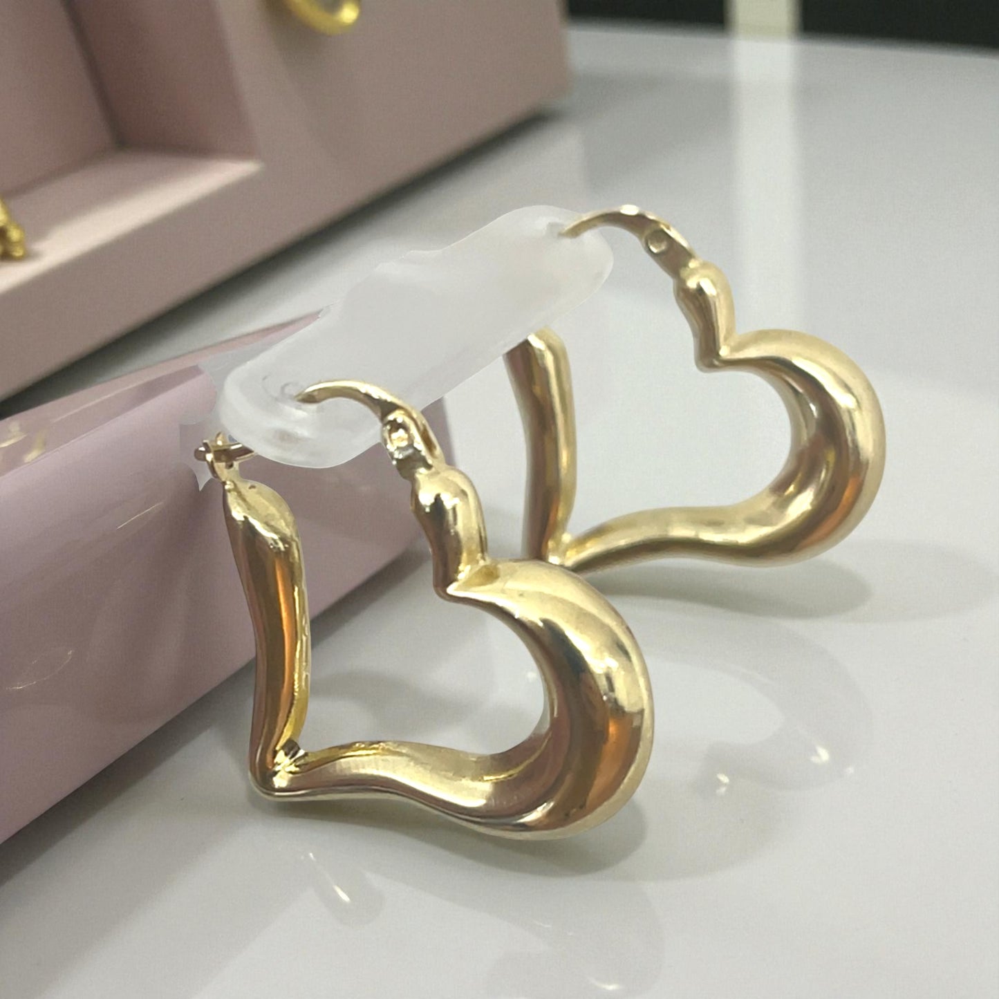 14K Solid Gold Open Heart Puff Hoop