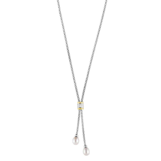 Silver & 18K Gold Diamond & Pearl Necklace